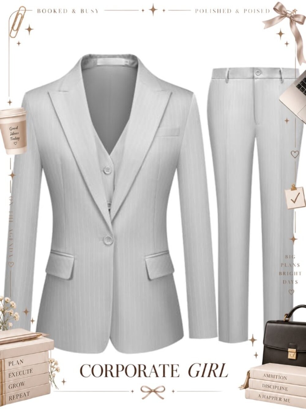 Women's 3 Piece Striped Suit Set One Button Slim Fit Business Blazer Vest Pants